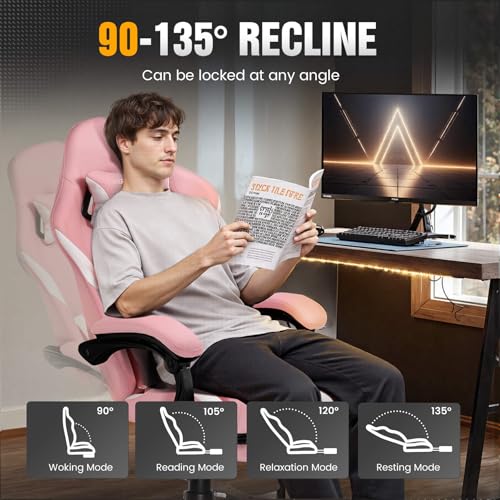 Image of GTPLAYER Gaming Chair with Pocket Spring Cushion, Leather Office Chair with Ergonomic High Back & Lumbar Support for Back Pain Relief, Computer Game Chair for Adults, Pink