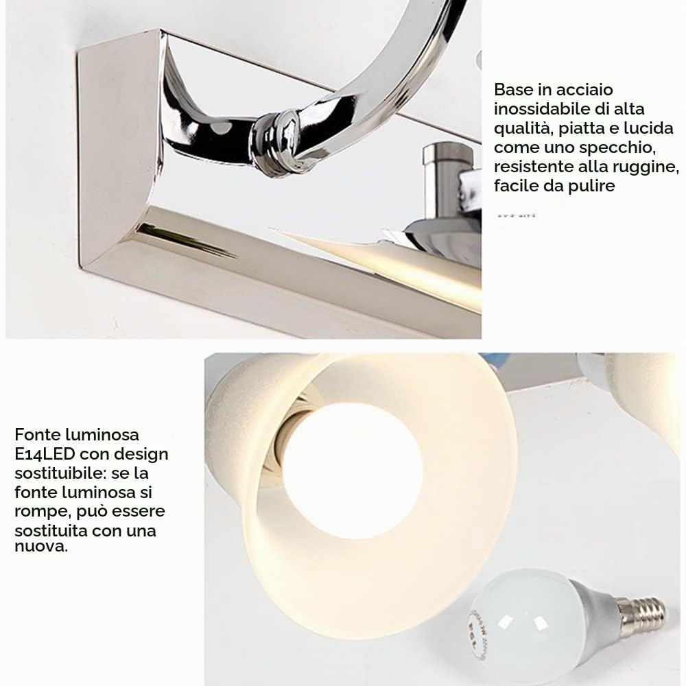 Luce frontale per specchio da bagno, applique da parete in acciaio inossidabile cromato con paralume in vetro opaco, lampada da parete moderna a LED, applique per illuminazione cosmetica, lamp