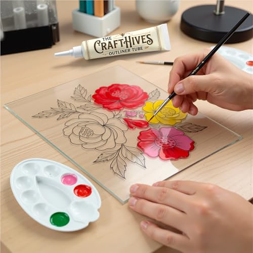 Image of The Crafthives Floral Glass Painting Kit | DIY Flower Stained Glass Art Set with Acrylic Frames, Colours, Brushes & Outliner | Creative Glass Painting Craft Kit for Kids Beginners Adults
