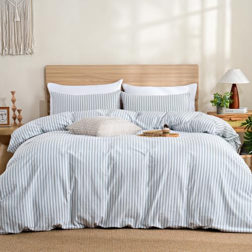 Image of TOCOMOA Blue Striped Duvet Cover Set 100% Washed Cotton Like Linen, Queen