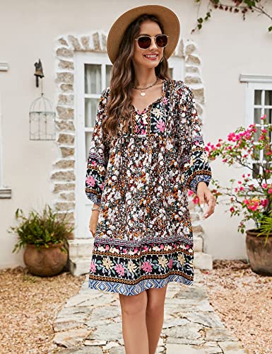 Image of Bluetime Women Casual Summer Dress Boho V Neck 3 /4 Sleeve Babydoll Floral Print Flowy Beach Dress
