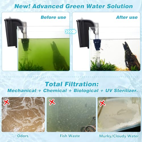 Image of Hang on Back Aquarium Filter w / U-V Light 158GPH for 10-40 Gallon Fish Tank | Detachable U-V &Pump,Surface Skimmer,4-Stage Deodorization Saltwater Freshwater Crystal Clear Suspension Oxygen Green Killing