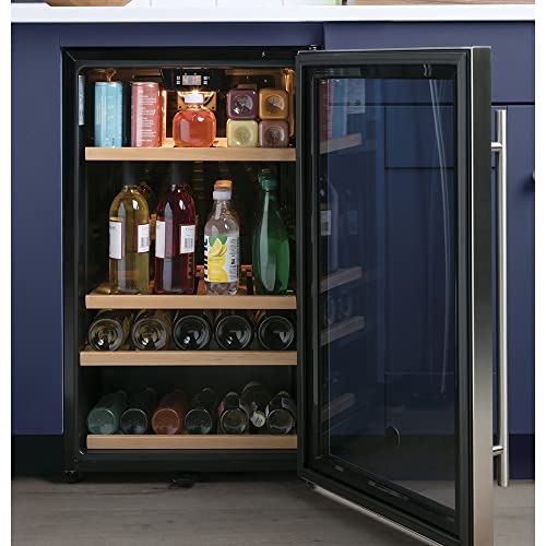 Image of GE Wine Cooler & Beverage Refrigerator | Mini Fridge With Lock & Key Included | Complete With Oak Shelving, Glass Exterior & Warm Interior Lighting | Fits 109 Cans or 31 Wine Bottles | Stainless Steel