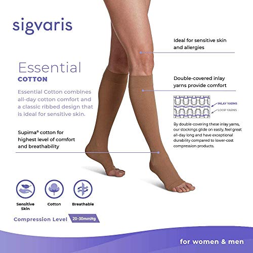 Image of SIGVARIS Men's & Women's Essential Cotton 230 Open Toe Calf-High Socks 20-30mmHg - Light Beige - Small Long