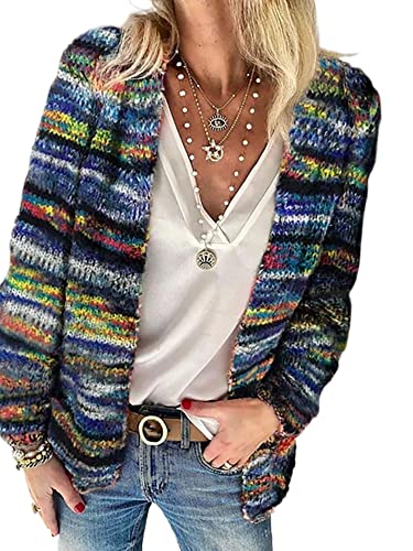 Women's Open Front Striped Cardigan Long Sleeve Cozy Knit Sweaters with Pockets