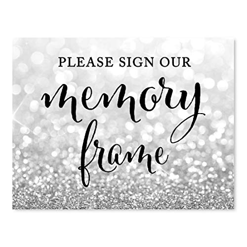 Andaz Press Wedding Party Signs, Glitzy Silver Glitter, 8.5x11-inch, Please Sign Our Memory Photo Frame Table Sign, 1-Pack, Table Decor Decorations