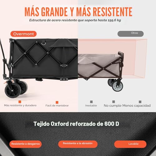 Miniatura 4 de Overmont Carro Playa Plegable - 114cm Carrito Camping Plegable Extendido Con Frenos - 300l 200kg Carro De Transporte Con Ruedas Grandes Todo Terreno - Carro Portátil Para Jardín Compras Al Aire Libre