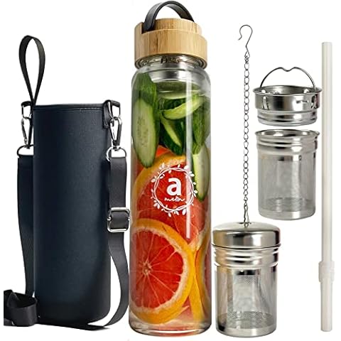 ameiin 32oz Borosilicate Glass Water Bottle with Bamboo Lid and 2 Tea Infuser Sets Cover