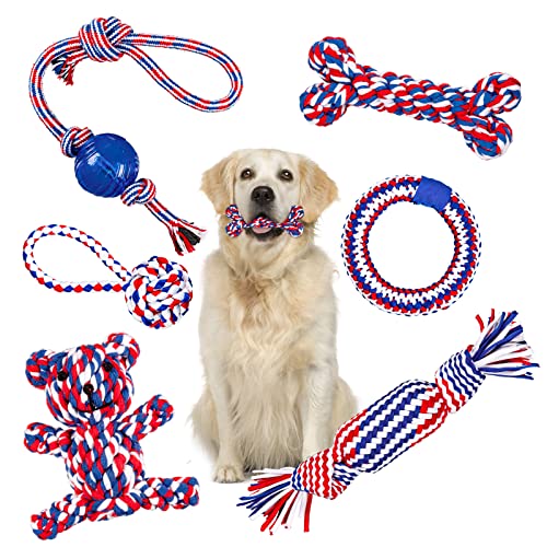 Whaline 6Pcs Dog Rope Toy Kit Puppy Chew Toy Red Blue White Bear Bone Bell Ring Ball Squeaky Cotton Knot for Small Medium Large Dog Pet Teaching Teeth Cleaning