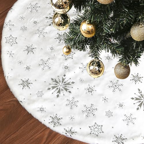 Image of Miaikoe Christmas Tree Skirt, 36 inches Large Silver Snowflake White Faux Fur Thick Plush Xmas Tree Skirt Ornaments for Holiday Christmas New Year Decorations (90cm)