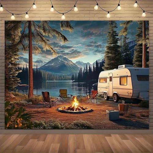 1 Caravana Junto al Lago Puesta de Sol Fondo Natural Tela Fiesta de cumpleaños graduación celebración Aniversario 250x180CM
