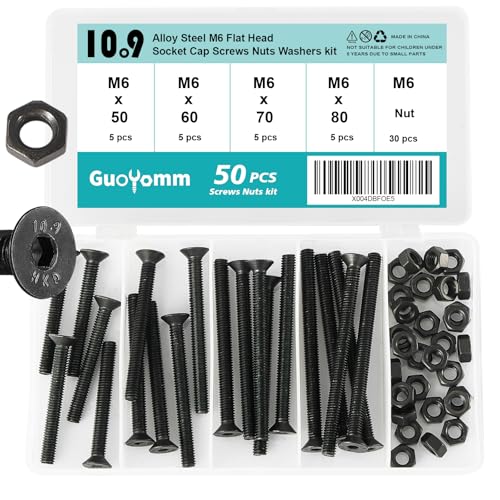 GuoYomm 50 tornillos de cabeza avellanada M6 con tuercas, acero al carbono de 10,9 grados, tornillos avellanados con hexágono interior, rosca de regulación métrica, longitud: 50 mm, 60 mm, 70 mm, 80