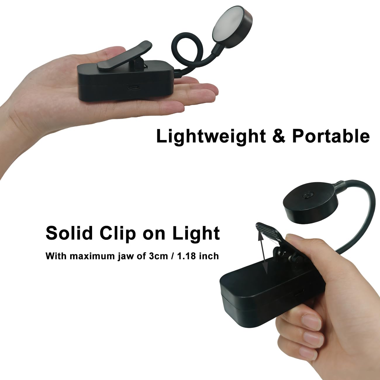 Consss Tragbare LED-Leselampe, 3 Farben, stufenloses Dimmen, Helligkeit, 1800 mAh, wiederaufladbares Buchlicht zum Lesen im Bett, Studenten, Kinder, Reisen, Stillen, Lernen (schwarz)