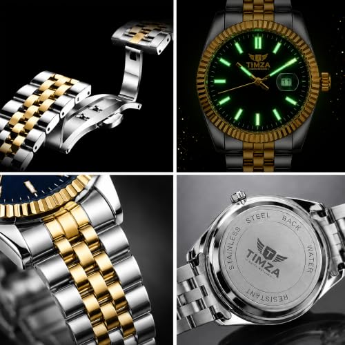 Image of Classic Blue Dial Quartz Watch for Men with Stainless Steel Two Tone Bracelet (Silver-Golden), Magnified Date Window & Water Resistant Build
