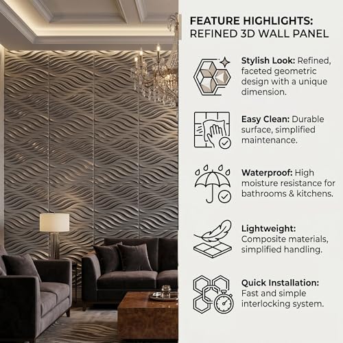 Image of Kayra Decor 3D Wall Panels Wave Design - Wood Gray Color | 19.7 inch x 19.7 inch (Pack of 12) - Covers 32.28 Sq. Ft | Premium Home & Office Wall Decoration