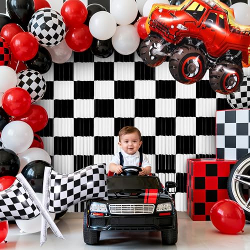 Image of 2 Packs Race Car Foil Fringe Curtain, Black White Checkered Glitter Metallic Tinsel Backdrop for Birthday, Baby Shower, Racing Car Truck One Happy Dude Party Decorations Supplies
