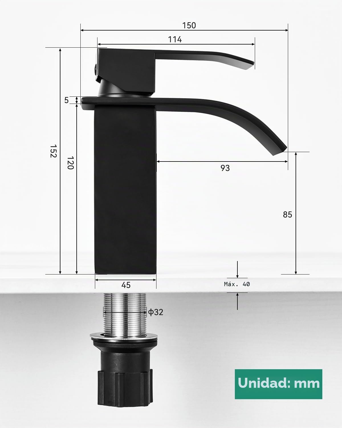 ANYCEE Grifo Lavabo Negro con Caño Cascada, Grifo Monomando Lavabo con Caño Altura de 8,5cm, Grifo Baño Cascada Negro con Agua Caliente y Fría