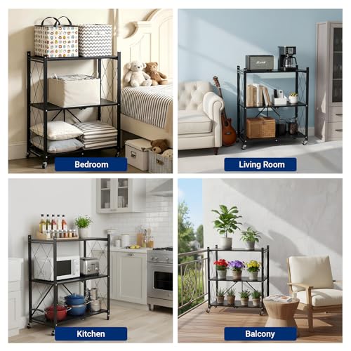 Image of 3 Tier Foldable Storage Shelves with Wheels, Metal Collapsible Organization Storage Rack, No Assembly Folding Bookshelf, Rolling Storage Rack for Kitchen, Bedroom, Pantry, Garage, Display, Black