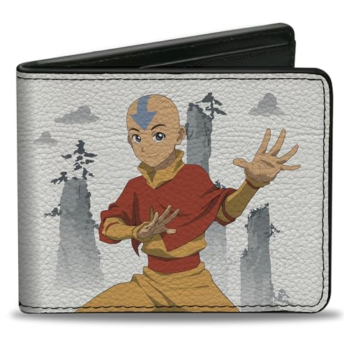 Buckle-Down Nickelodeon Vegan Leather Mens Bifold Wallet with Billfolds, Card Slots & ID Holder - Avatar The Last Airbender Aang Bending Pose and Scenery - White & Grey, White, 4.0" x 3.5", Casual