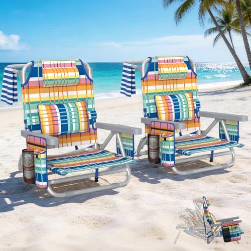 5-Position Backpack Beach Chair for Adults with Lumbar, Foldable Tall Heavy-Duty Beach Chairs with Cooler Bag,Cup Holder,Towel Rack for Beach, Camping, Outdoor