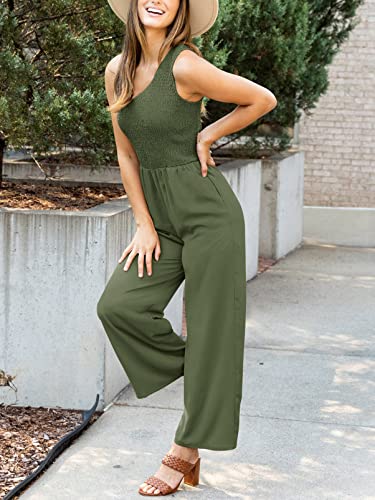 Zesica Women's 2023 Summer Casual One Shoulder Sleeveless Smocked High Waist Loose Wide Leg Jumpsuit Romper With Pockets,Armygreen,Medium #TOP7