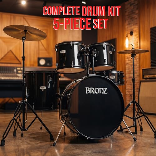 Image of ARCTIC Bronze 5 Piece Complete Acoustic Drum Kit /Drumset with drumsticks, Cymbals and throne With Hardware. Best Sounding shells, most durable build. (Black) (BDS-501-BK)