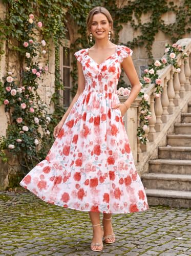 Image of GRACE KARIN Women's Summer Floral Maxi Dress 2026 Ruffle Sleeve Smocked Sundress Flowy Wedding Guest Long Dresses with Pocket