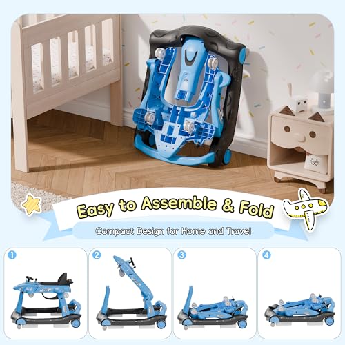 Xilingol 6-in-1 Baby Walker with Adjustable Speed Wheels, Adjustable Height Activity Walker with Padded Seat, Foldable Walker for Babies 6-12 Months, Toddler Push Walker for Boy & Girl 12-18 Months - Thumbnail 7