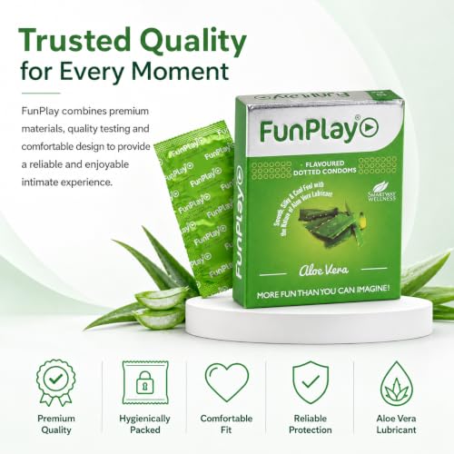 Image of FunPlay Aloe Vera Flavoured Dotted Condoms - 3 Pcs | Premium Latex for Men | Smooth Lubricated & Comfortable Fit | Soothing Aloe Vera Infused for Gentle Intimacy