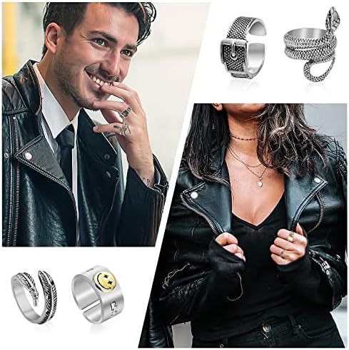 Yolev 20 PcsVintage Silver Open Punk Rings for Men Women Girls Punk Vintage Gothic Stackable Ring Jewelry Set Adjustable Rings, Alt Rings,