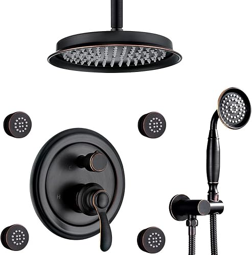 Miniatura 22 de Sistema de ducha antiguo de oro cepillado con chorros: Juegos de grifos de lluvia de 9 pulgadas Conjunto completo de cabezal de lluvia de pared