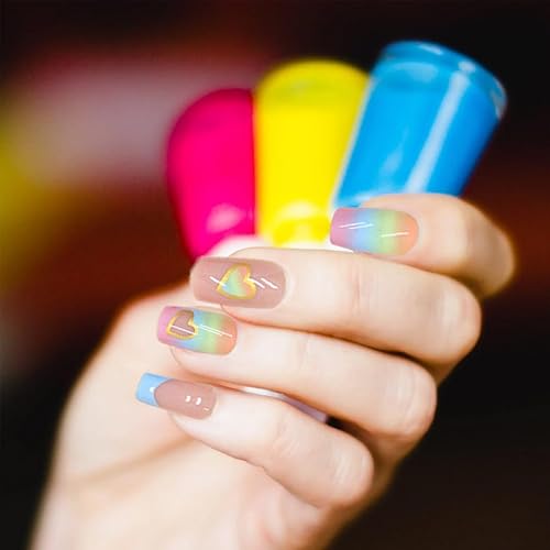 Miniatura 2 de Gangel Uñas postizas a presión con punta francesa de corazón, uñas postizas cuadradas brillantes coloridas con pegamento para uñas, uñas postizas