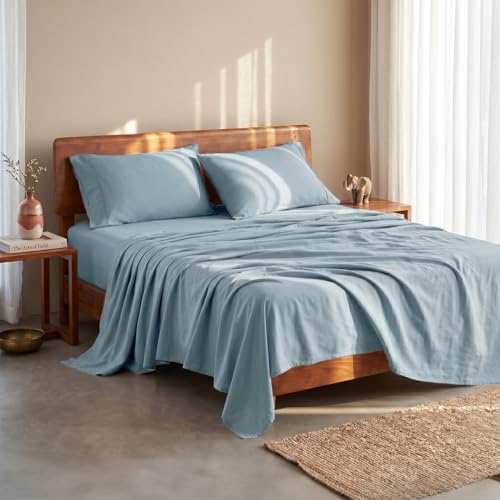 Image of LANE LINEN 100% Organic Cotton Bedsheet for King Size Bed - French Blue | GOTS Certified, Percale Weave, 108x108 inches, Soft & Breathable, Machine Washable, Includes 2 Pillow Covers