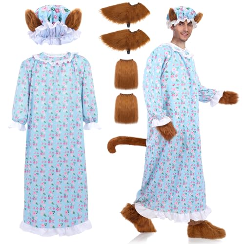 Skicuff 4 Pcs Halloween Granny Wolf Costume Set of Floral Print Dress with Tail Wolf Claws Gloves Shoes Cover and Hat Fairy Tale Dressup for Adult Unisex Outfits Cosplay (Blue Pink)