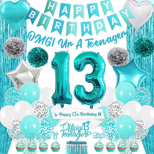 13 Geburtstag Party Dekoration Mädchen - Blaugrün Happy Birthday Banner Cake Topper Kit mit Schärpe Folie Fransenvorhang, Offizielle Teenager Konfetti Latex Ballons für 13 Jahre Alt Party Supplies