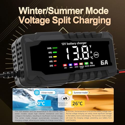 Squado Caricabatteria 6A 12V Intelligente Per Auto, Moto, Scooter – Ricarica Automatica Con Display Lcd, Protezione Da Sovraccarico E Inversione Polarità, Per Batterie Piombo Agm/Gel/Wet - 4