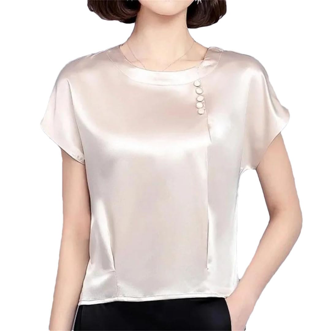 Damen Seide Kurzarm Blusen Casual O-Ausschnitt Shirts Solide Lose Tops Frühling und Sommer Kleidung Seidenbluse