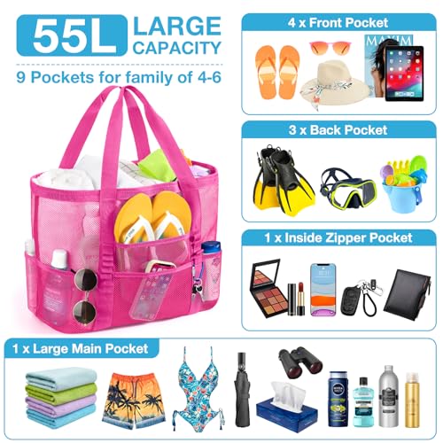 KPX Mesh Beach Bag, Large Beach Tote Bags for Women Foldable Mesh Swimming Pool Bag with Mini Pockets - Sandproof, Waterproof2
