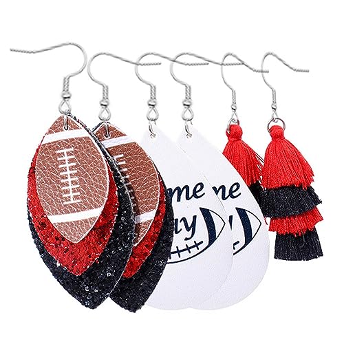 Azusa Sun 3 Pairs Football Leather Earrings Layered Glitter Dangle Earrings Red Black Tassel Dangle Earrings Set Game Day Sports Lover Jewelry Gifts