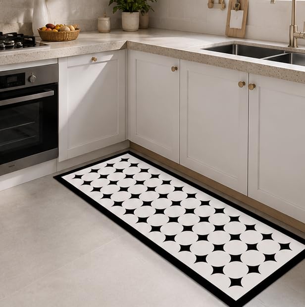 Image of HomeCloud Rubber Kitchen Mats for Floor Set of 2 Pcs | Non-Skid, Soft Absorbent Rugs for Kitchen, Laundry, and Hallway | 120x40cm, 40x60cm| 4mm Thickness (Black White Stars)