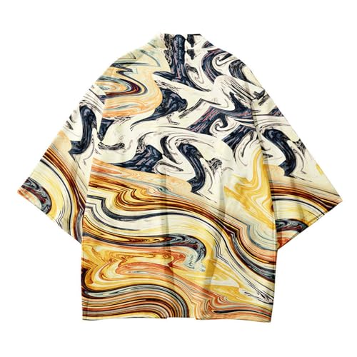 Men\'s 3/4 Wide Sleeve Kimono Yukata Tops Shirts for Women Unisex Haori Coat Jacket Oriental Style Loose Retro Yellow-1, 6XL - Thumbnail 4