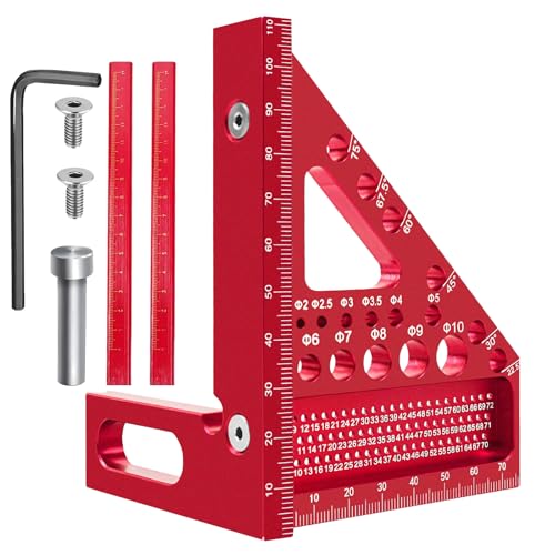 Koprek 3D Carpenters Square Tools, 22.5-90°3D Multi Angle Measuring Ruler Aluminum Alloy Combination Woodwork Square Protractor, Precision Woodworks Tool Ruler with 11 Drill Hole and 2 Woodwork Pens