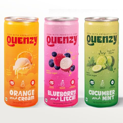 Image of Quenzy Prebiotic Soda Variety Pack - Mixed Flavours (Pack of 6 x 250ml) | 5g Prebiotic Fibre for Gut Health | Low Calorie Soda (<15 kcal) | No Added Sugar | Zero Preservatives | Healthy Sparkling Drink