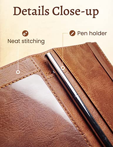 Image of Yarnic Checkbook Cover for Personal Checkbook Holder with Pen Holder | Check Book Covers & Built-in Clear Plastic Divider for Duplicate Checks (Brown)