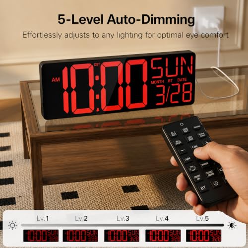 Image of JALL 18 inch Large Digital Wall Clock with Big Numbers, Remote, Timer, 12 RGB Wall Clock with Date and Temp for Teachers Seniors, Digital Clock for Arena, Gym, Living Room Classroom Decor, Red