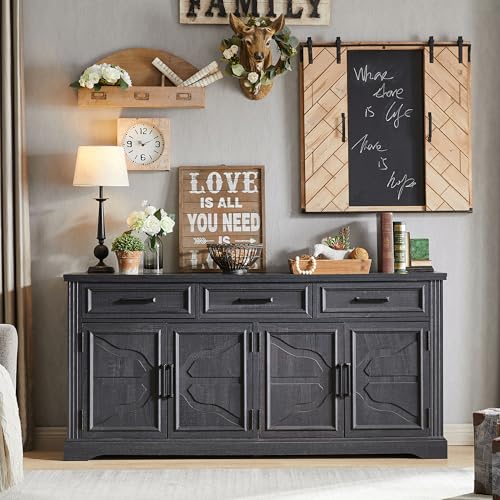 Image of JXQTLINGMU 66 inch Farmhouse Buffet Cabinet with Storage, Sideboard Credenza, Carved Cloud-Inspired Doors, 3 Drawers & Adjustable Shelves, Coffee Bar Cabinet, Black