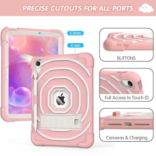 SIBEITU Kids Case for iPad (A16) 11th Generation 11-inch 2025/ 10th Gen 10.9-inch 2022, Shockproof Rugged Hybrid 3-Layer Protective Cover with Kickstand & Pencil Holder for Girls Boys (Pink+White)