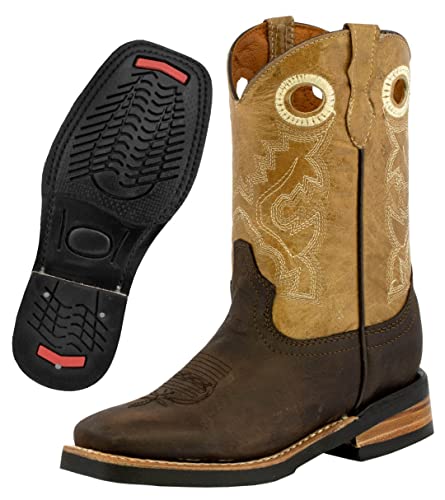 Kids Dark Brown Western Wear Cowboy Boots Solid Leather Square Toe Bota