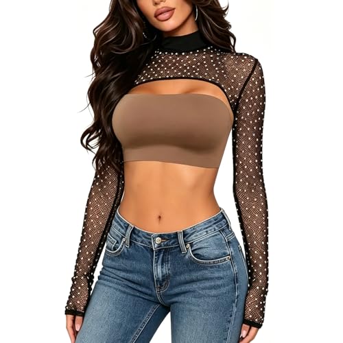 Image of Ypser See Through Glitter Mesh Crop Top Sheer Open Front Shrug Fishnet Cover Ups