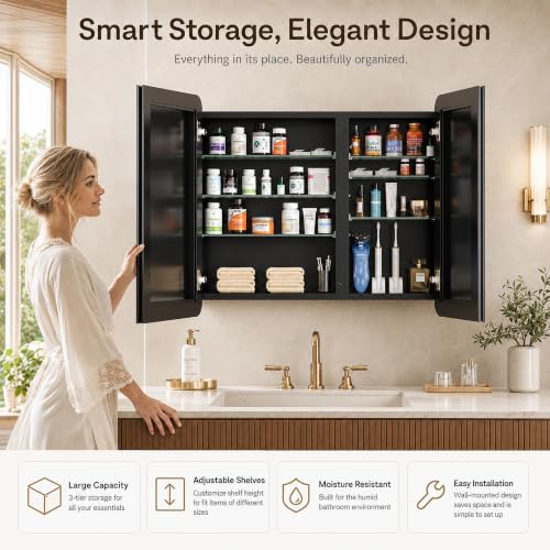 Image of 30x26 Black Medicine Cabinet with Mirror, Recessed & Surface Mount